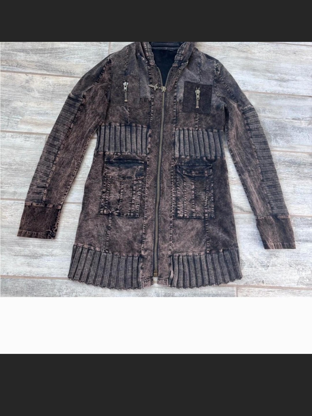 Salvage Brown Distressed Washed Zip UP Ribbed Jacket. L - Picture 2 of 7